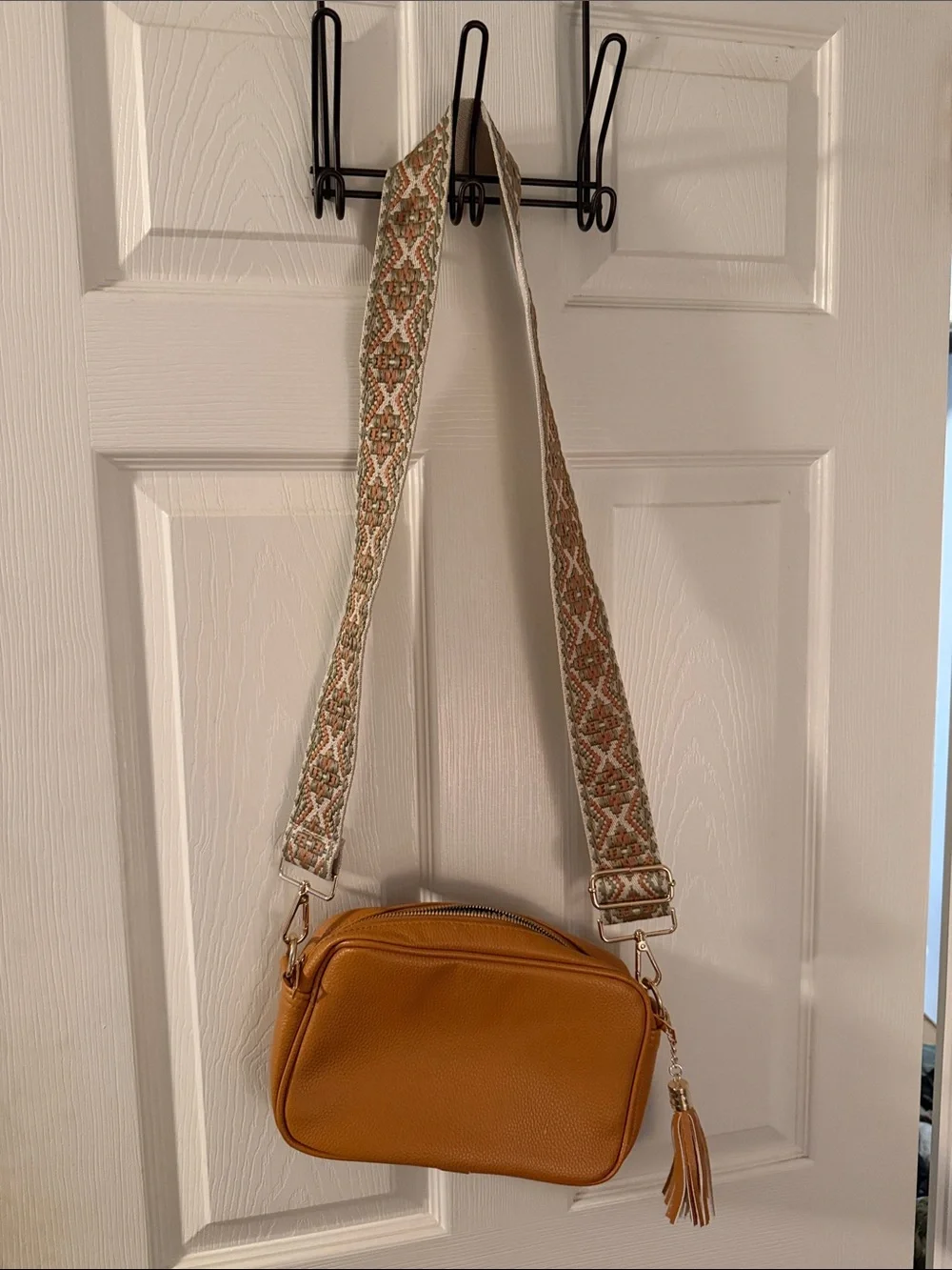 Women’s Mustard Crossbody Bag with Patterned Strap
